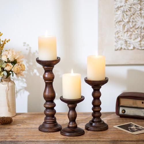 Romadedi Wood Pillar Candle Holders, Dark Brown Solid Wood, Set of 3