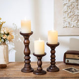 Romadedi Wood Pillar Candle Holders, Dark Brown Solid Wood, Set of 3
