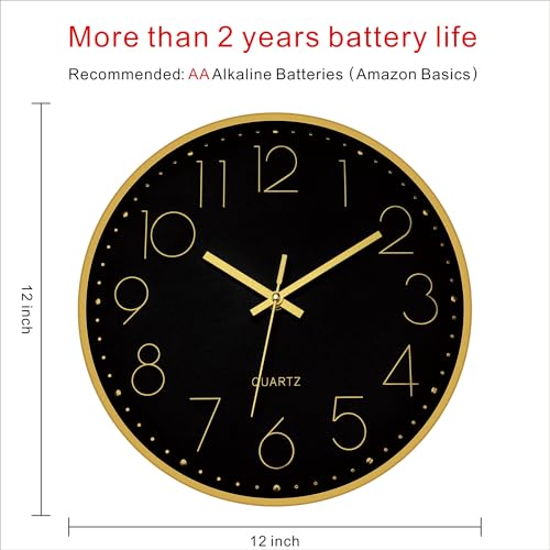 Foxtop Black Gold Wall Clock 12 Inch Silent Non-Ticking Battery Operated Round Quartz Modern Wall Clock for Living Room Kitchen Bedroom Home Office School Decor