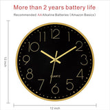 Foxtop Black Gold Wall Clock 12 Inch Silent Non-Ticking Battery Operated Round Quartz Modern Wall Clock for Living Room Kitchen Bedroom Home Office School Decor