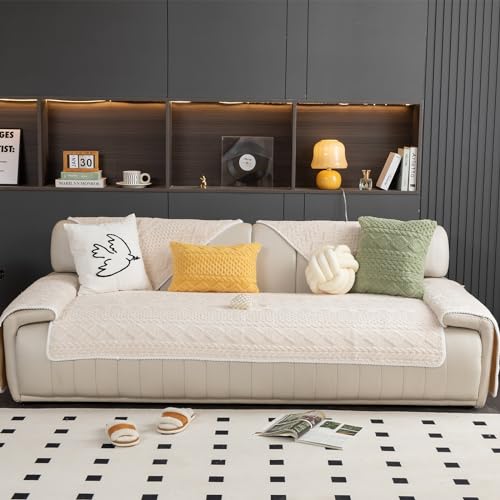 Geometric Jacquard Plush Warm Sofa Couch Cover, Soft Funny Fuzzy Couch Covers, Non Slip Sectional Sofa Slipcover, Cozy Washable Furniture Protector for Kids, Pets (Beige White, 36"x 83")