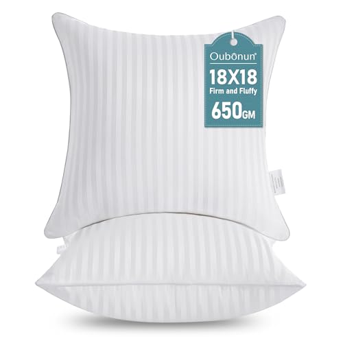 Oubonun 18 x 18 Throw Pillow Inserts, Firm and Fluffy Decorative Square Pillows for Couch Bed Sofa with Soft Cotton Cover White Cushion with Down Alternative Pack of 2