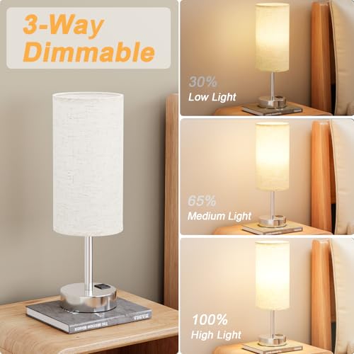 Dicoool Touch Table Lamp for Bedroom, 3 Way Dimmable Bedside Lamp with USB C & A Charging Ports - Small Desk Lamp for Dorm Room, College, Kids, Office, Living Room, White