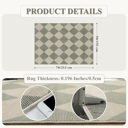 Checkered Print 5x7 Rugs for Living Room, Non Slip Soft Green Rugs for Bedroom Ultra Thin Washable Rugs 5x7, Moroccan Farmhouse Carpet for Playroom Kids Room, Classic Classroom Dorm Home Decor