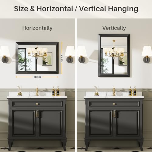 Briivue 22x30 Inch Black Bathroom Mirror for Wall, Thick Metal Framed Rectangle Mirrors for Over Sink, Bedroom, Living Room, Entryway, Anti-Rust, HD Tempered Glass