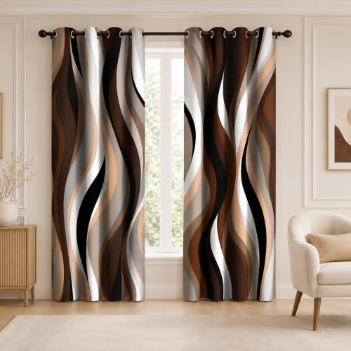 Brown Abstract Blackout Curtain, Stripe Black White Gray Aesthetic Art Window Curtains Living Room Bedroom Decor Darkening Window Drapes Treatments, 2 Panels 52x84 Inch
