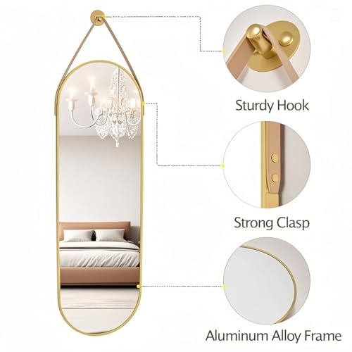 Dewfig 16"x48" Oval Full Length Mirror with Leather Strap Hanging Mirror with Aluminum Frame, Oval Gold Wall-Mounted Mirrors for Living Room Bedroom Entryway Décor, Gold