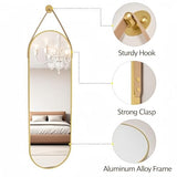 Dewfig 16"x48" Oval Full Length Mirror with Leather Strap Hanging Mirror with Aluminum Frame, Oval Gold Wall-Mounted Mirrors for Living Room Bedroom Entryway Décor, Gold