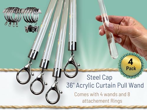 36 inch (4 Pack) Steel Cap Round Base Acrylic Curtain Pull Wand - Clear Curtain Wand - Invisible Drapery Wand - Drapery Pull Rod (36 Inch)