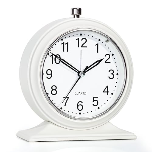 AYRELY® 4-inch Battery Operated Alarm Clock Silent Analog Desk Clocks with Light Vintage Metal Table Clock for Living Room Shelf Bedside Home Decor (White)