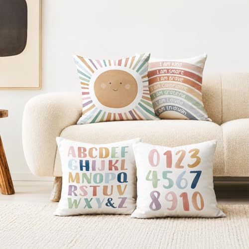 Kids Playroom Decor,Boho Sun Alphabet Throw Pillow Covers,Kids Reading Nook Decor Pillowcase for Classroom Playroom Nursery,18x18 Inch Pillowcase Set of 4