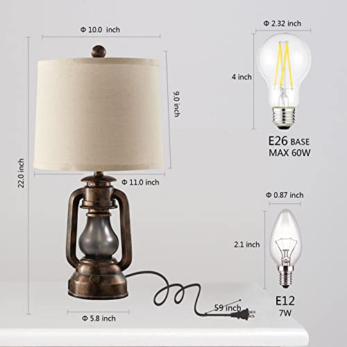 Farmhouse Lantern Table Lamps for Living Room Set of 2, Vintage Bedroom Resin Lamp with Dual USB Charging Ports, Rustic Retro Bedside Nightstand Desk Lamp, 4 Bulb Included
