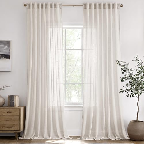 ANRODUO Ivory Cream Linen Curtains 96 inches Long 2 Panels for Bedroom Living Room Back Tab Semi Sheer Privacy Linen Burlap Window Drapes Neutral Modern Long Curtains for Sliding Glass Door