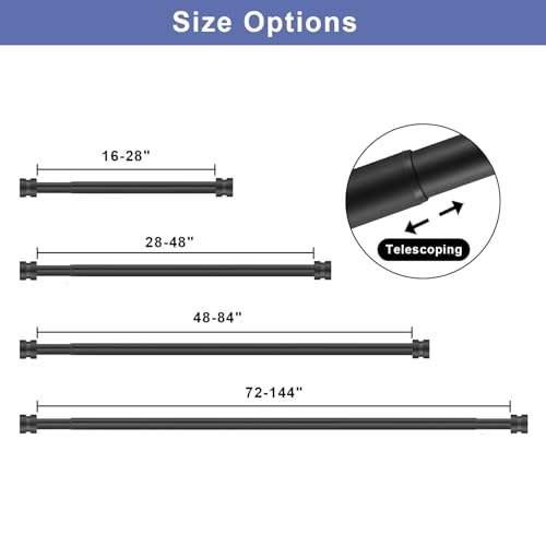 2 Pack Single Curtain Rods, 1Inch Diameter Telescoping Drapery Window Curtain Rod 16-28Inch(1.3-2.3ft) Rod Length, Matte Black