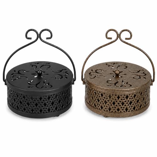 Kingrol 2 Pack Mosquito Coil Holders with Lids, Outdoor Metal Burners | Black and antique brass metal holders with lids to help contain ash for patio, garden, porch, camping, and outdoor tables