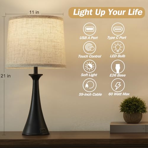 Touch Lamp for Living Room Bedroom, 21" Table Lamps Set of 2 with USB C+A Ports, Touch Bedside Lamps for Nightstand with 3 Way Dimmable, 2 LED Bulbs Included, Black