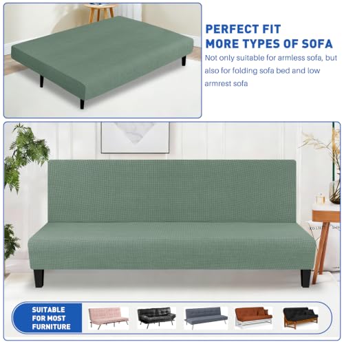 MAXIJIN Stretch Armless Futon Cover Full Size Sofa Bed Covers (67"-82") | Stretch Futon Couch Slipcovers Furniture Protector with Elastic Band,Washable Jacquard Fabric Small Checks, Pea Green