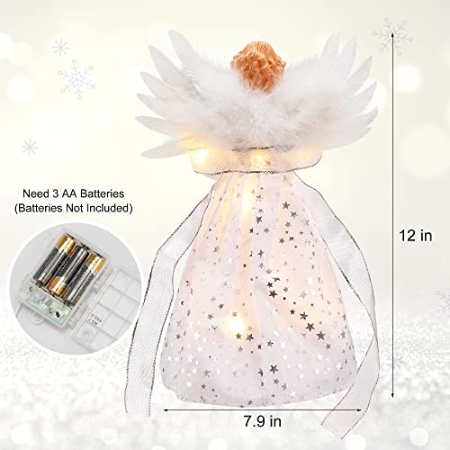 PEEKI Christmas Tree Topper, 12" Angel Treetop with Lights and Remote Control Timer, Christmas Tree Decoration for Holiday Ornament and Home Decor, Ivory and Sliver