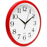 Bernhard Products Red Wall Clock Silent Non Ticking - 10 Inch Quality Quartz Battery Operated Round Easy to Read Home/Kitchen/Office/Classroom/School Clocks, Vintage Retro Red Frame Black Numbers