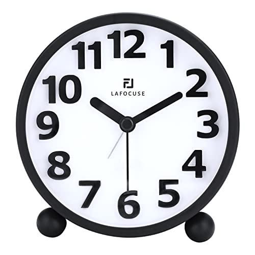 Lafocuse Metal Large 3D Numerals Easy to Read Analog Alarm Clock for Heavy Sleepers with Night Light and Snooze Function, Silent Black Bedside Clock for Bedroom Desk Shelf Table, 4 Inch