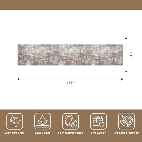 3x15 Ft Long Hallway Runner Rug – Non-Slip Washable Wide Kitchen Runner | Modern Abstract Floor Carpet for Indoor Entryway, Bedroom, Living Room (Brown Beige,3x15)