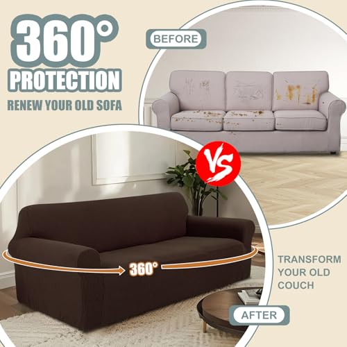 Stretch Couch Cover Washable Sofa Slipcover Furniture Protector with Non Skid Foam and Elastic Bottom for Kids, Dog(Large/Chocolate)