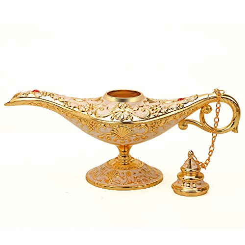 K COOL Classic Aladding Magic Genie Lamp Legend Wishing Light Costume Lamp Metal Carved Cone Incense Burner for Home Tabletop Decoration Party Birthday Halloween Christmas(Beige)