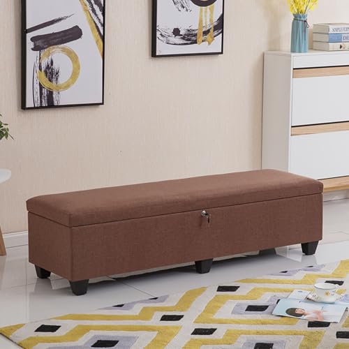 Wooden Storage Ottoman with Lock - Stylish Rectangular Pouf for Bedroom and Entryway Ample Storage Space Privacy Protection Elegant Brown Design