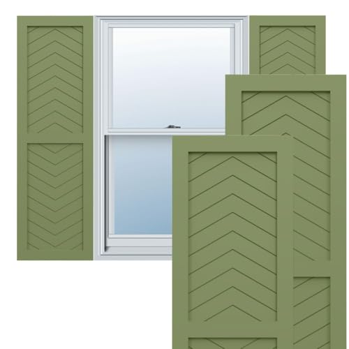 18"W x 42"H True Fit PVC Two Panel Chevron Modern Style Fixed Mount Shutters, Moss Green (Per Pair - Hardware Not Included)