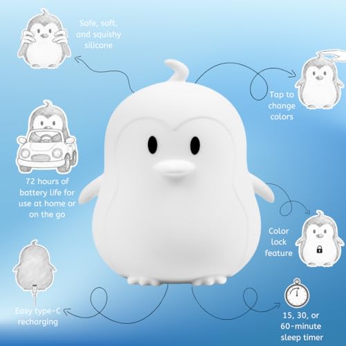 Lumipets Remote Control Silicone Night Light for Kids - Penguin Design with 9 Soft Colors & Sleep Timer - Rechargeable, Battery-Operated Lamp for Bedroom | Baby Nursery, Toddler, Girls, Boys