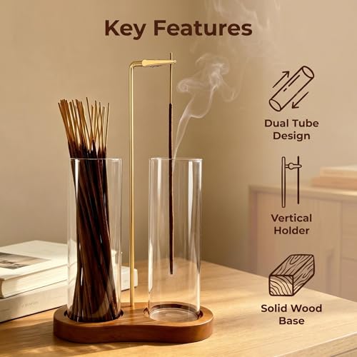 Incense Holder, Hang Upside Down Incense Sticks Burner Holder Storage with Glass Ash Catcher,Ideal Gift (Brown)