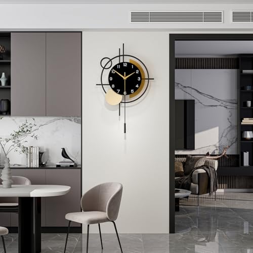 Wall Clock for Living Room Decor Decorative Wall Clock with Pendulum Silent Quartz Battery Operated Black Metal Large Clock for Dining Room,Kitchen,Home,Bathroom,Bedroom,13.8x21.3 in