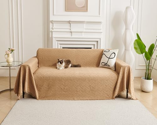 AIVIA Couch Cover Sheet Blanket, Oversized Covers for 3 Cushion Sofa, Large Furniture Decoration Slipcovers, L-Shape U-Shaped Sectional Protector for Cats Dogs Pets (Khaki, 71” x 118”)