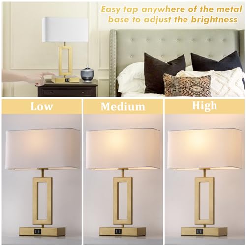 Gold Table Lamps Set of 2 with Dual USB Ports,3-Way Dimmable Touch Control Bedside Lamps,Modern Bedroom Table Lamp for Living Room,Nightstand LED Bulbs Included
