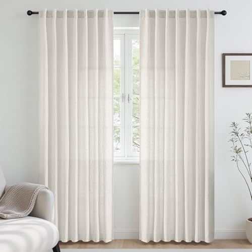CUCRAF Natural Off White Linen Non See Through Semi Sheer Privacy Curtains 84 Inches, Light Filtering Curtain for Bedroom Living Room, 2 Panels Set Rod Pocket & Back Tab Window Drapes (52 x 84 Inch)
