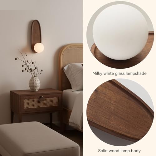Modern Japanese Solid Wood Wall Sconce, Oval Tray Design, Milk White Glass Globe, Minimalist LED Bedside Lamp, Bedroom Hallway Entryway Reading Nook Foyer Zen Decor Interior Parlor(Brown)