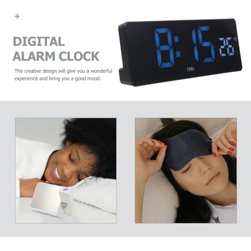 DECHOUS LED Digital Desk Clock Large Display Thermometer Alarm Clock Blue LED Temperature Display for Home Office, Black Frame, Battery Not Included
