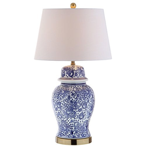 JONATHAN Y 29.5" Blue/White Ceramic Table Lamp for Living Room and Office, White Linen Drum Shade, Traditional Chinoiserie Ginger Jar Lamp, LED Bulb Included JYL3008A