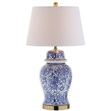 JONATHAN Y 29.5" Blue/White Ceramic Table Lamp for Living Room and Office, White Linen Drum Shade, Traditional Chinoiserie Ginger Jar Lamp, LED Bulb Included JYL3008A