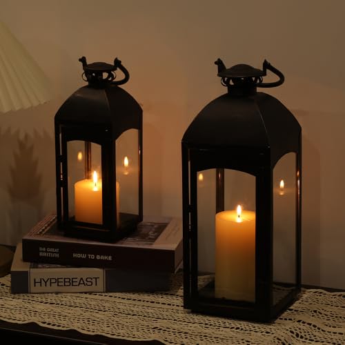 NEEDOMO Lanterns Decorative Indoor&Outdoor, 20''/16''H Set of 2 Outdoor Lanterns for Porch,Metal Frame Candle Holders Hanging Lights with Glass, Spring, Fall, Christmas