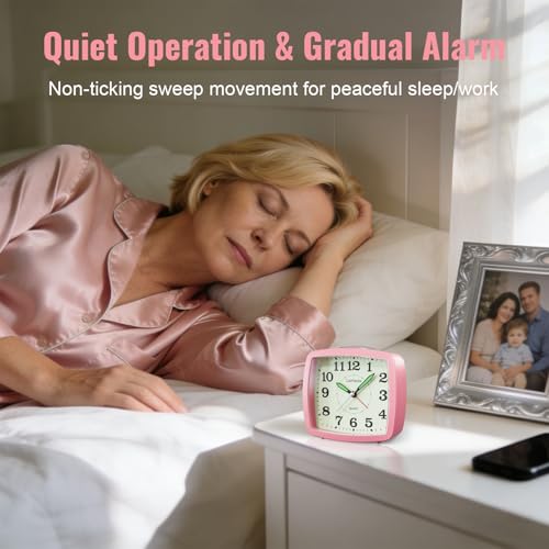 Lamisola Battery Analog Travel Alarm Clock, Small Clock for Bedroom, Desk Table Shelf Clocks for Room Office Bathroom Vanity, Aesthetic Retro Clocks for Kids Girls, Pink