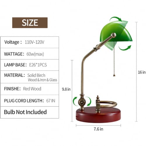 Bankers Lamp, Traditional Green Desk Lamp with Solid Birch Wood Base, Green Glass Antique Library Lamp with Pull Chain Switch, Plug in Vintage Bankers Desk Lamp for Office, Study Room 【E26 Socket】