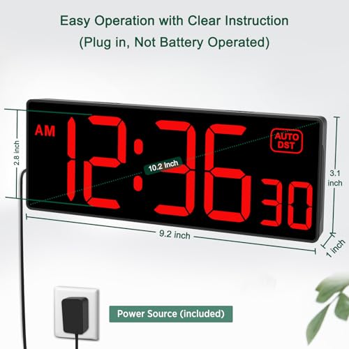 Soobest LED Digital Wall Clock, Large Digital Clock Bold Numbers with Seconds for Seniors Visually Impaired，Plug Electric Clock Dimmable Auto DST Large Display 10 Inches (Red)
