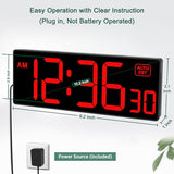 Soobest LED Digital Wall Clock, Large Digital Clock Bold Numbers with Seconds for Seniors Visually Impaired，Plug Electric Clock Dimmable Auto DST Large Display 10 Inches (Red)