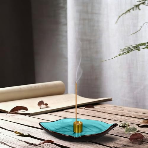Incense Holder for Sticks (9 Holes) and Cones, Handmade Ceramic Incense Ash Catcher for Meditation, Yoga, SPA Days, Relaxing, Home Decor, Candle Holder, Easy to Clean, Leaf-Shape (Blue)