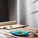 Incense Holder for Sticks (9 Holes) and Cones, Handmade Ceramic Incense Ash Catcher for Meditation, Yoga, SPA Days, Relaxing, Home Decor, Candle Holder, Easy to Clean, Leaf-Shape (Blue)