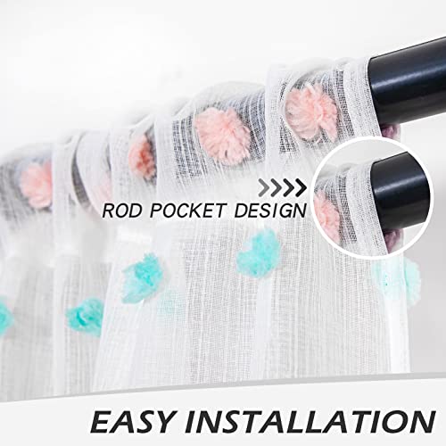 MYSKY HOME Rainbow Pom Pom Curtains for Living Room Light Filtering 84 Inch Long Bedroom Curtains for Nursery Girls Kids Room Rod Pocket Bohemian Voile Window Drapes 52 x 84 inch 2 Panels