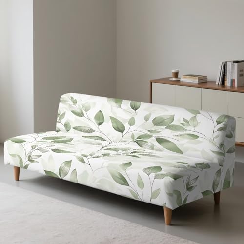 Green Leaves Futon Cover Stretch Armless Futon Couch Cushion Cover Washable Non-Slip Sofa Bed Slipcover with Elastic Bottom for Home Indoor Living Room Furniture Protector