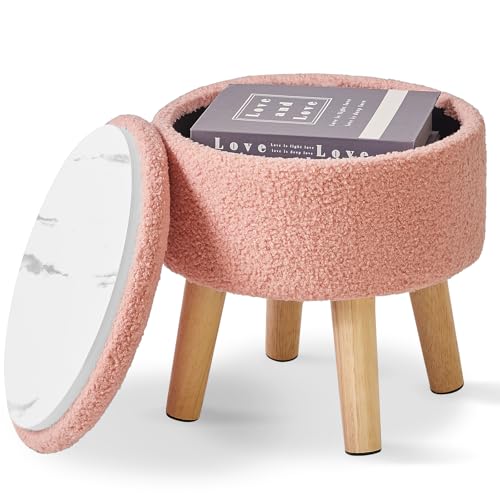 IBUYKE Small Foot Stool Ottoman with Storage, Round, Pink