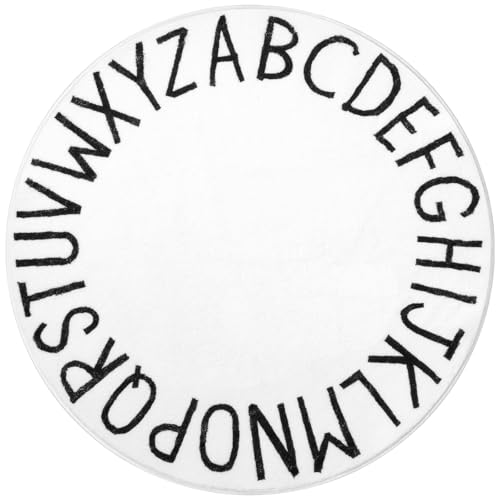 SHACOS Soft Fluffy 4 Ft Round ABC Rug Non Slip Washable for Kids Room Playroom Nursery Alphabet Educational Classroom Carpet, White Printed Letters